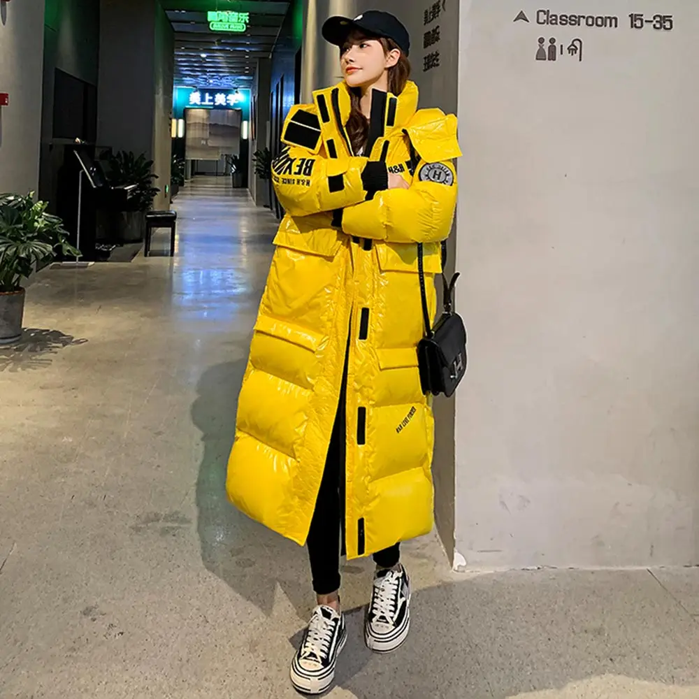 Vielleicht 2021 Hooded Ladies Coat X-Long Parkas Oversize Winter Jacket Women Glossy Winter Thick Down Cotton Jacket Women Coat