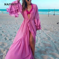 2022 new women solid beach style loose long cardigan top sexy deep v neck full sleeve ruffle split ladies shirt sweet outer cape