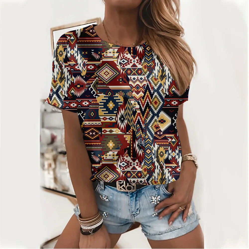 

women Vintage Print crew neck T-shirt 2021 summer Pullover