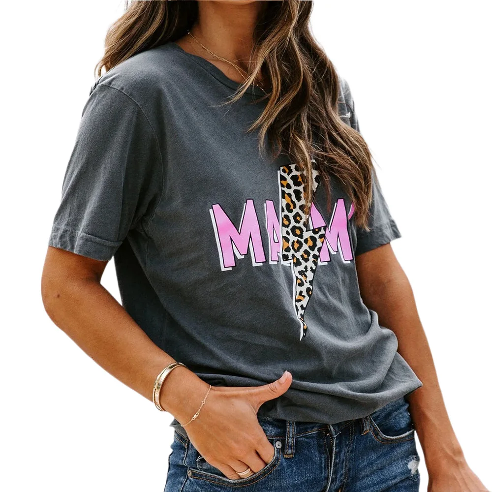 

Carney Carney Europe and America Cross Border Women's Tops Mama Leopard Print Lightning Print round Neck Short T-shirt