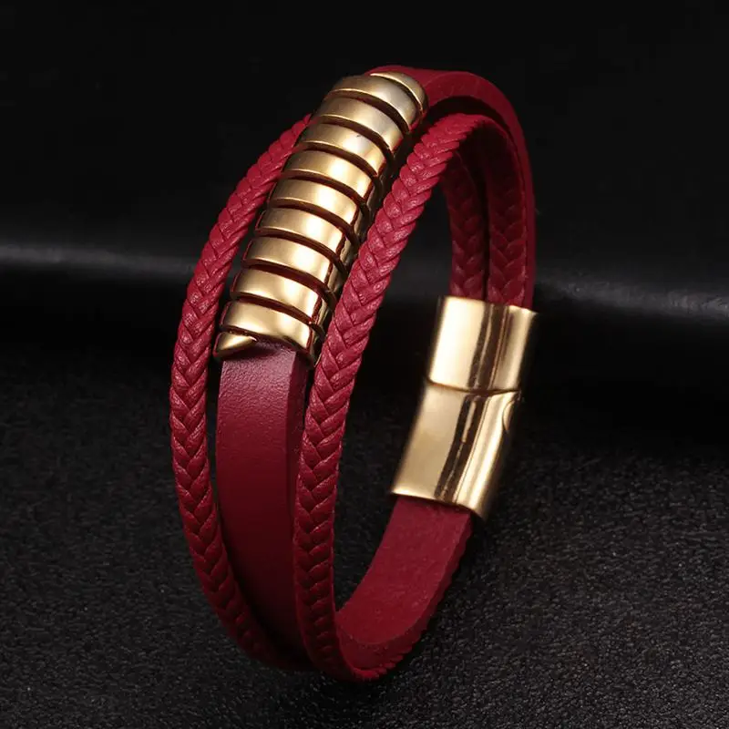 

New 3 Layers Red Genuine Leather Men Women Bracelets Trendy Gold annulus Stainless Steel Chain Link Cuff Charm Bracelets