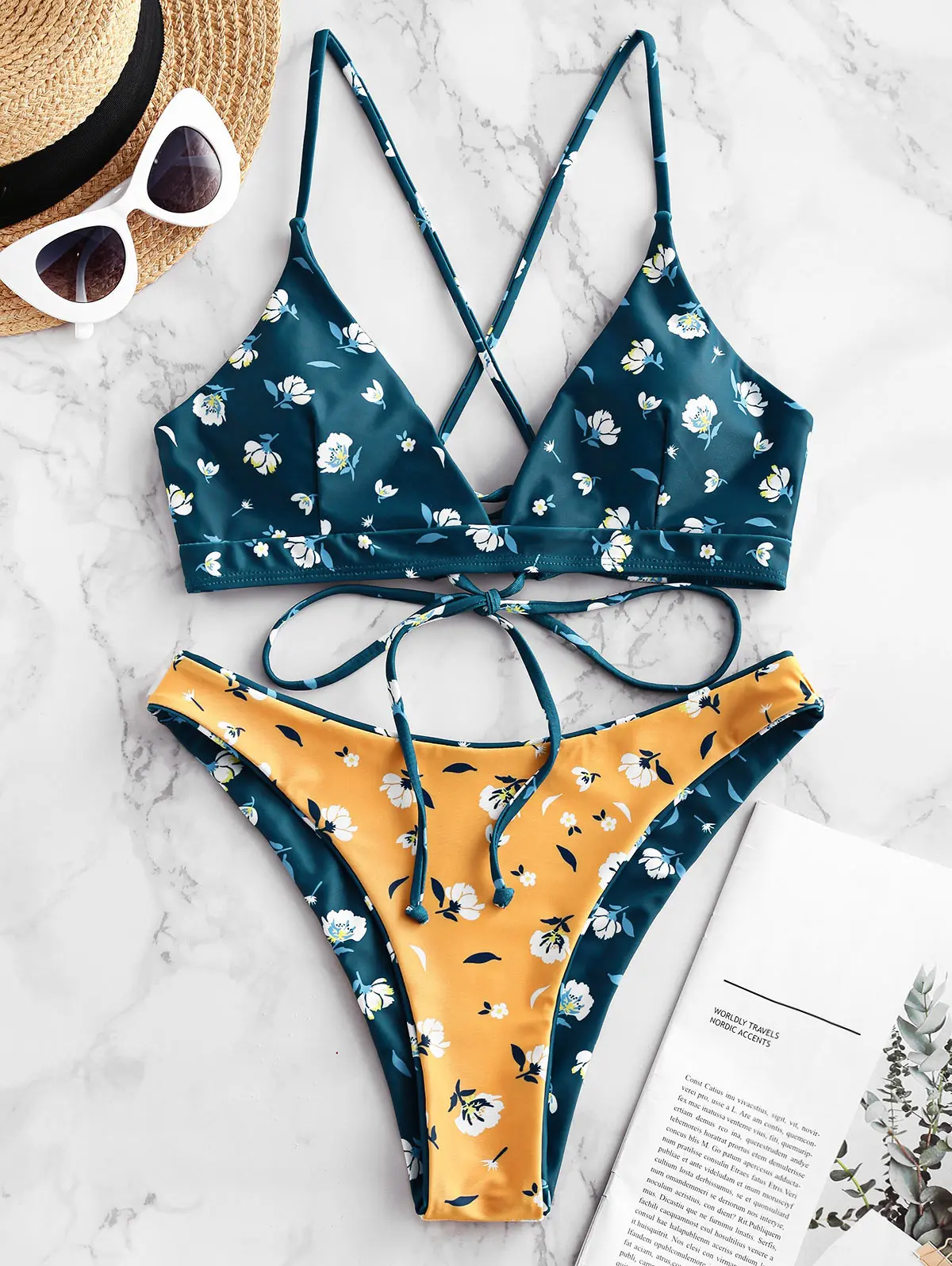 ZAFUL Bikini Floral Print Crisscross Lace-Up Reversible Set Spaghetti Straps Wire Free SwimSuit Holiday Sexy Bathing Suit | Женская