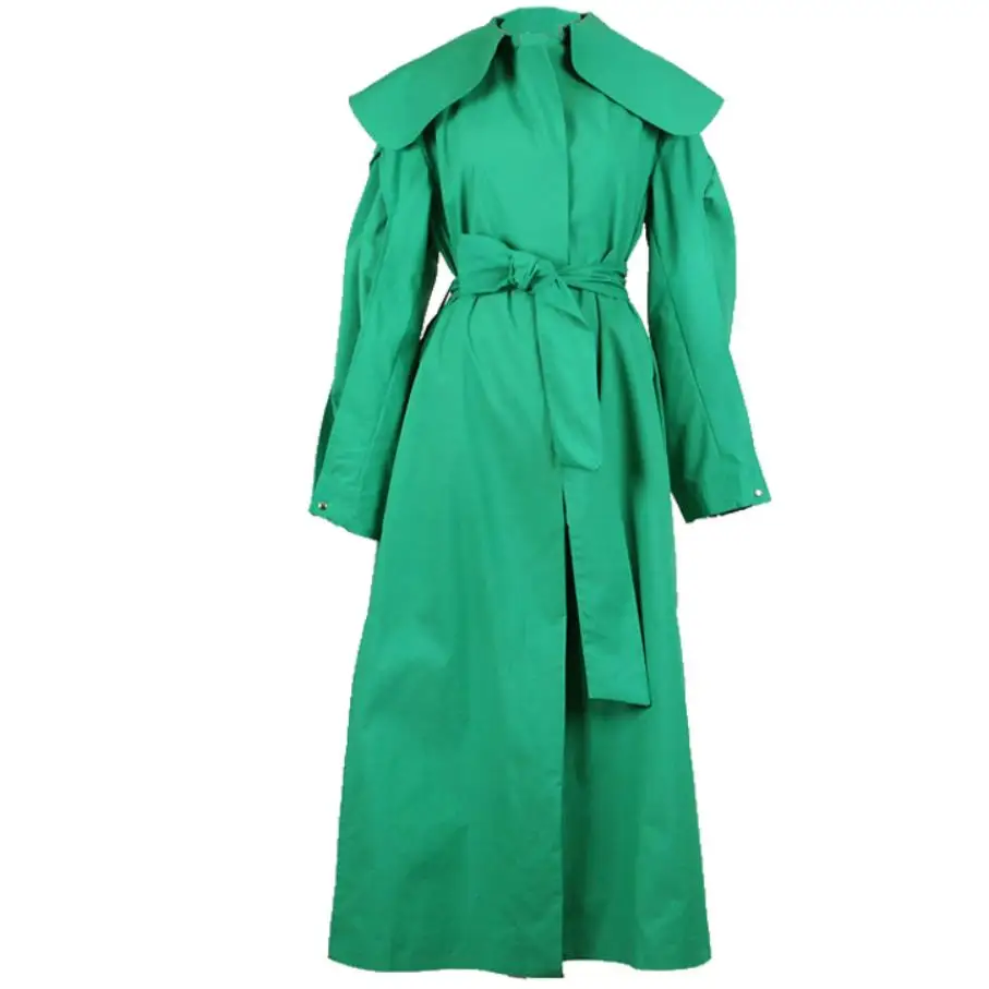 

Spring autumn Trench Coat For Women Long Elegant Outwear slim big lapel Overcoat Slim Green Long Trench
