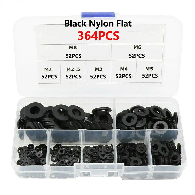 

364x Black Nylon Flat Washer Metric Assortment Kit For M2 M2.5 M3 M4 M5 M6 M8