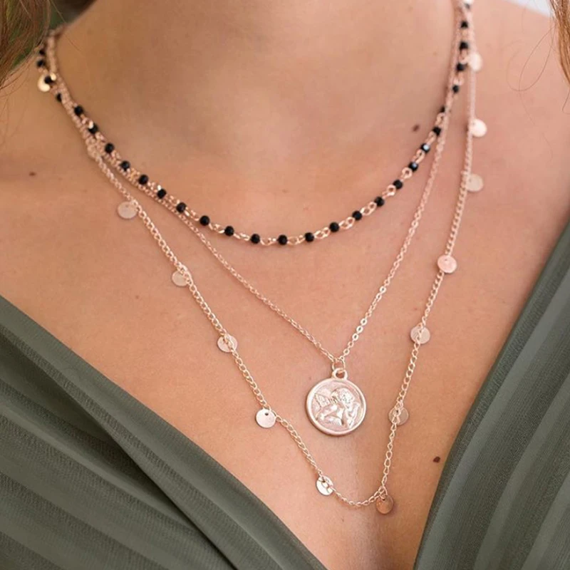 Tocona винтажная золотая цепочка с блестками статуя Вафля черные бусины Кристалл