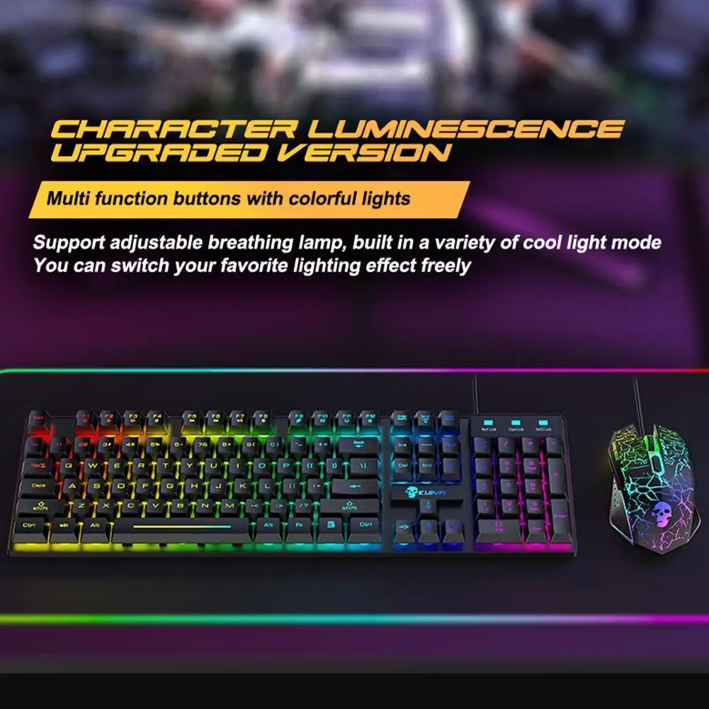 

Wired Keyboard Mouse T6 Rainbow LED Backlit Keypad 104 keys Mechanical Feel Keyboards Gamer Kit with Mouse Pad