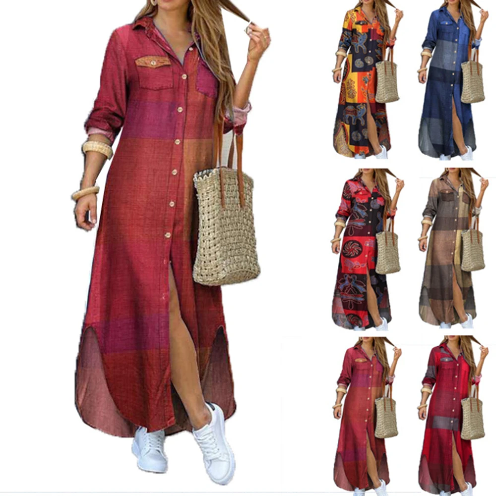 

2021 Shirt-style Split Lapel Full Dress with Color Matching Plaid Loose Casual Plaid Dress Beach Summer Elegant Lady Button Robe