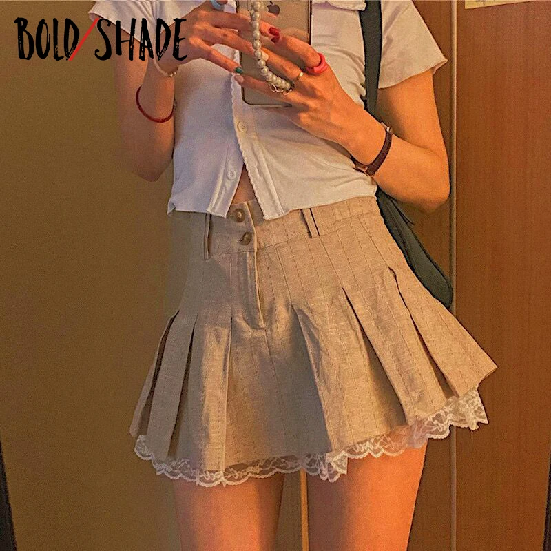 

Bold Shade Lace Trim Summer Mini Skirts Indie y2k Sexy Slim Solid Button Pleated Skirt Vintage Soft Girl Style Fashion Clothings