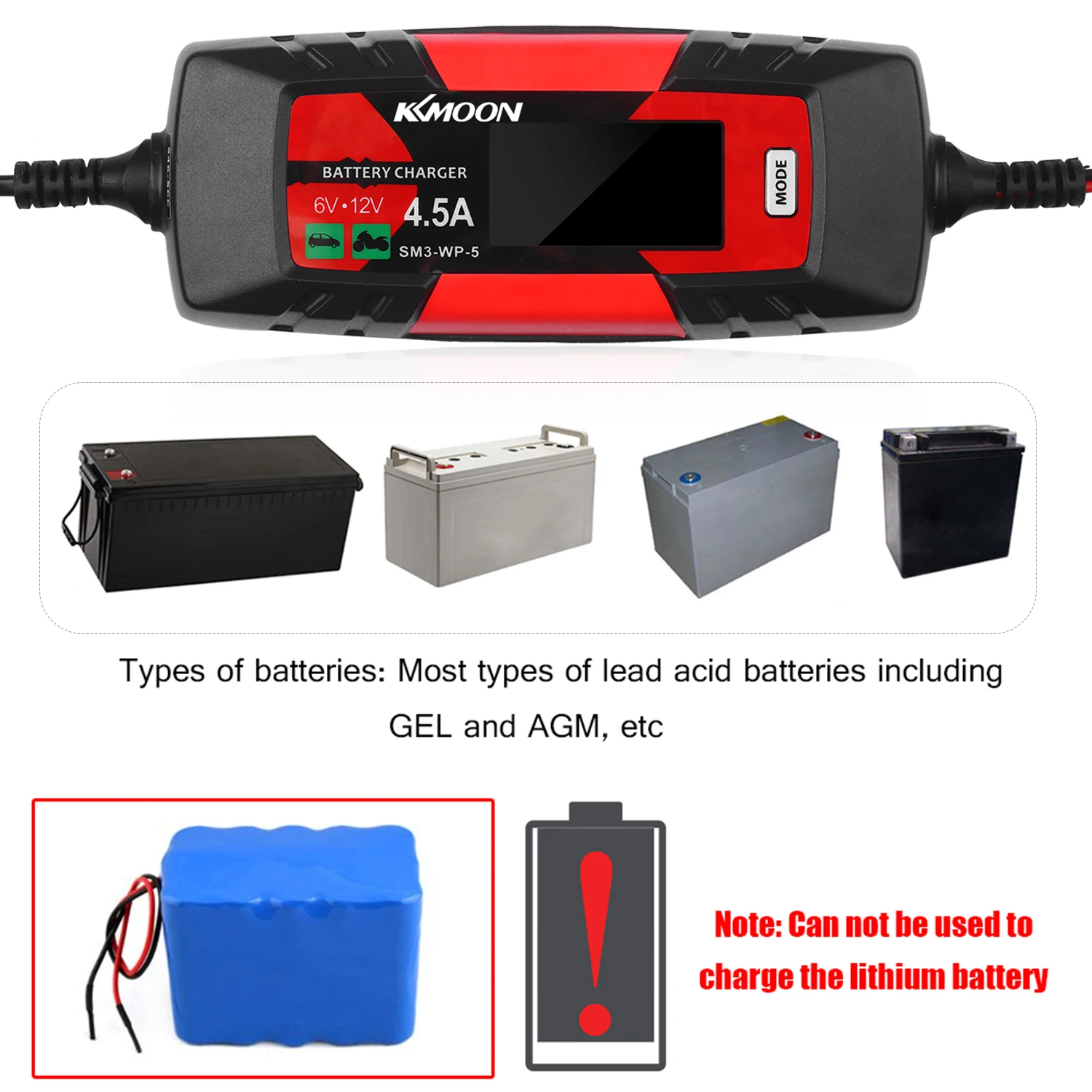 

KKmoonCar Battery Charger Battery Charger&Maintainer 6V/12V 4Amp Intelligent Automatic Battery Charger for Cars Motorcycles Boat