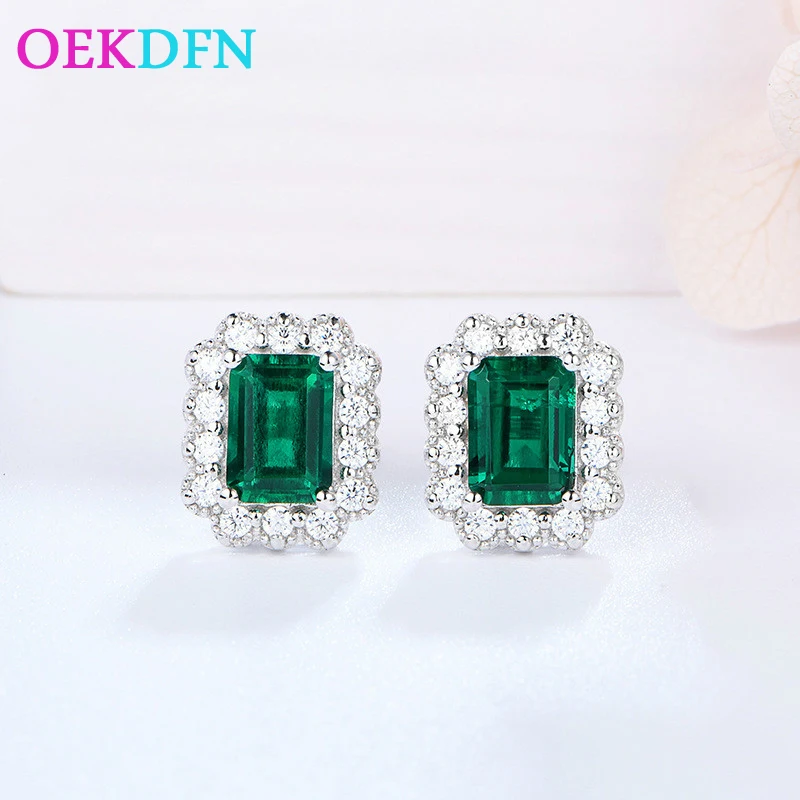 

OEKDFN 100% 925 Sterling Silver Stud Earrings Emerald Created Moissanite Diamonds Gemstone Ear Studs Fine Jewelry Wholesale