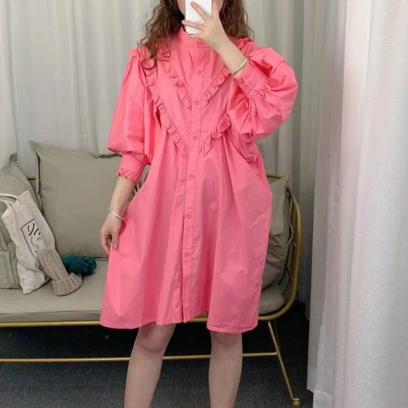 Женское платье рубашка с рукавами фонариками [EWQ] Розовое свободное оборками в