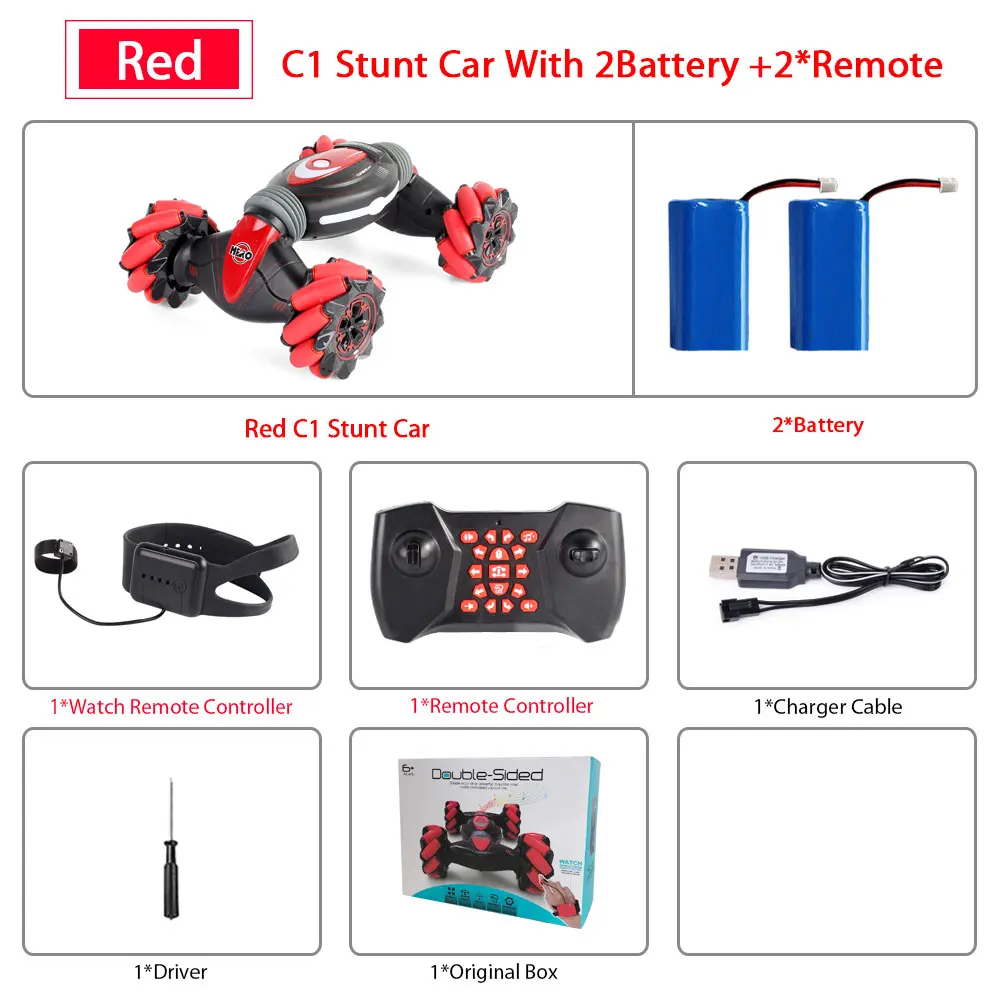 RED 2Remote 2B Remote Control Stunt Car Gesture Induction Twisting Off-Road Vehicle Light Music Drift Dancing Side Driving RC Toy Gift for Kids - Color: RED 2Remote 2B