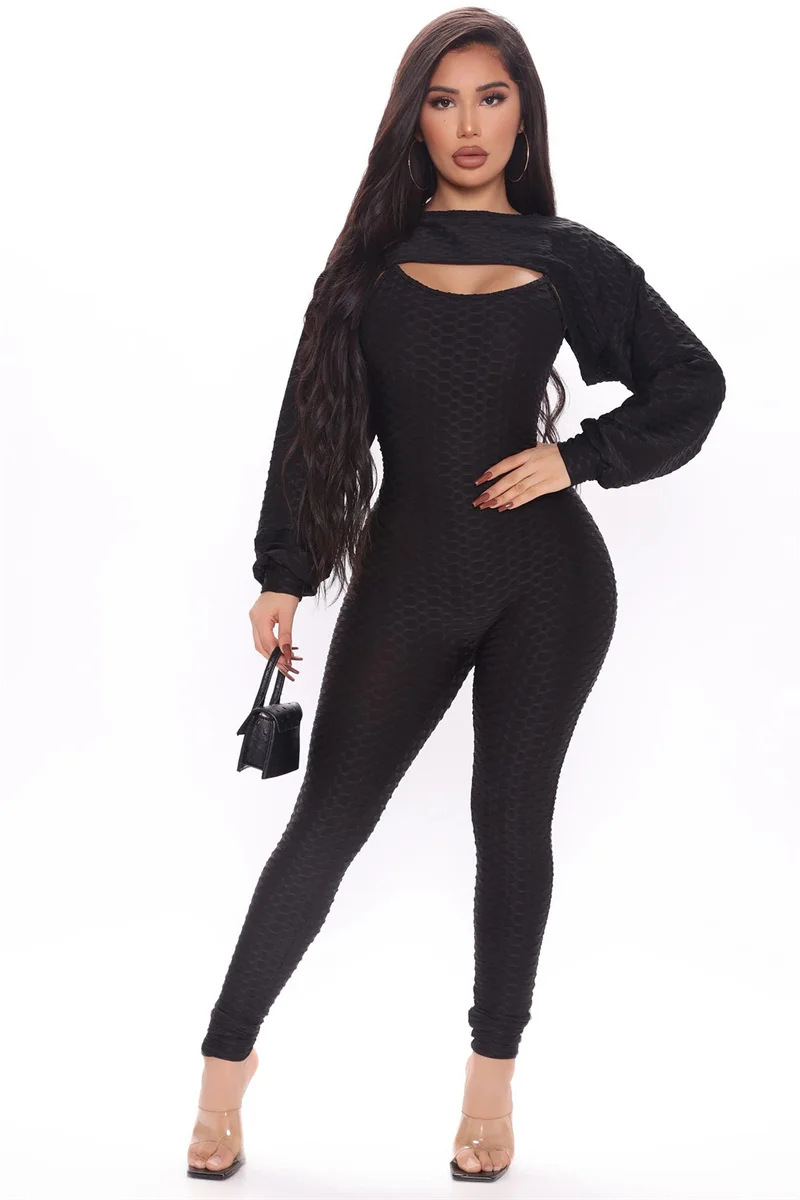 

Spring Autumn Tracksuit Women Two Piece Set Solid Full Sleeve Crop Top + Strap Romper Suits Casual 2 Pcs Sets Jogging Femme Ropa