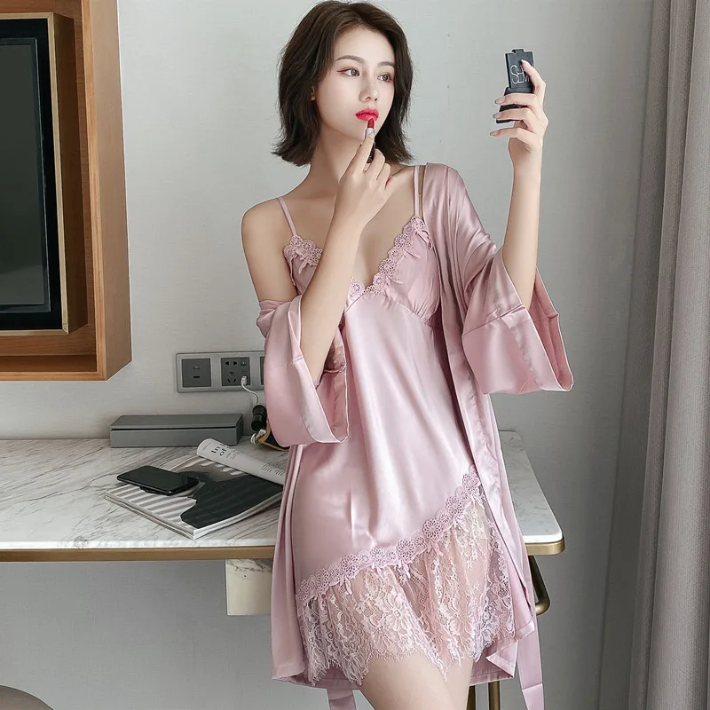 

Sexy Gown Sets Women Backless Hollow Nightdress with Chest Pad Silk Sling Half-Sleeve Temperament Feminine Pajamas Spring New