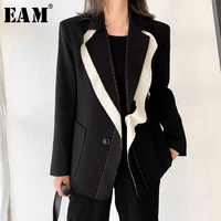 eam women black contrast color burr blazer new lapel long sleeve loose fit jacket fashion tide spring autumn 2021 1w519
