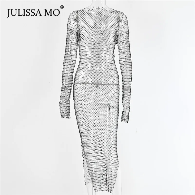 Julissa mo бриллиантовое ажурное длинное летнее платье, сексуальное Сетчатое платье с разрезом, Женское кристально прозрачное пляжное платье, платья для вечеринок