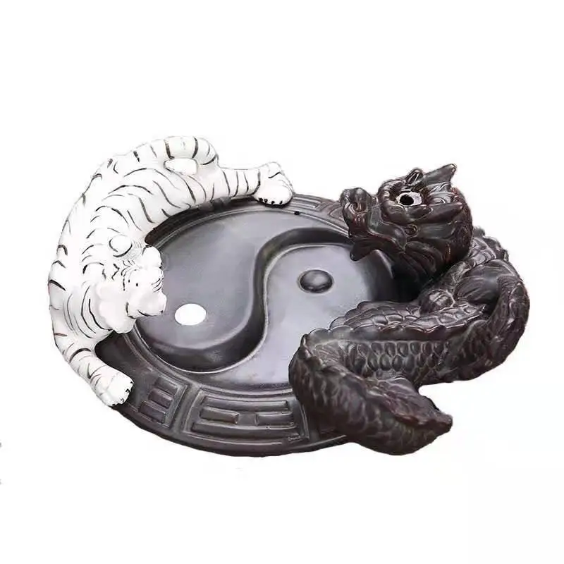 

Fight Between Dragon And Tiger Backflow Incense Burner Smoke Waterfall Incense Sticks Holder With 20 Pcs Cones Porcelain Censer