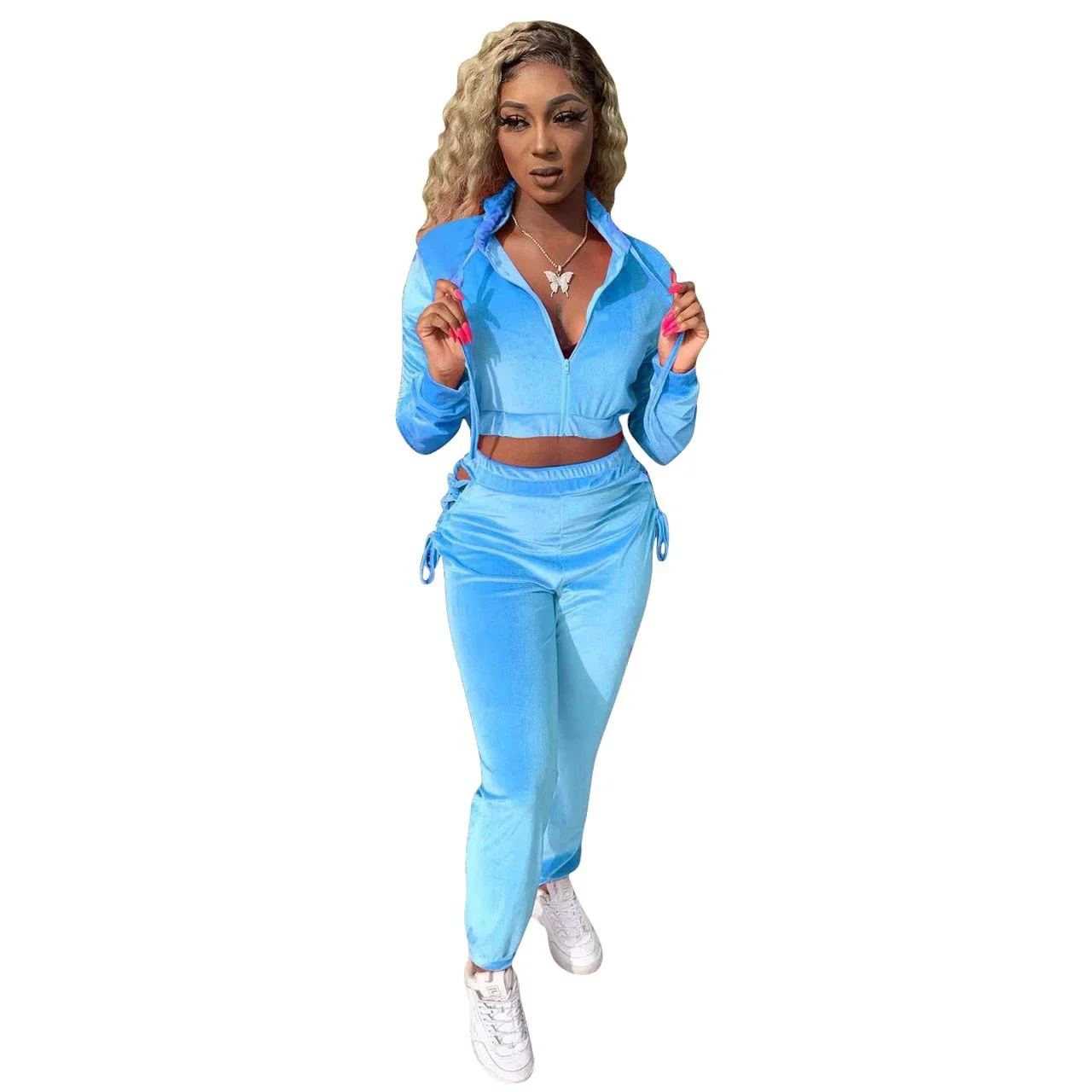 

Women's Fashion Velvet Slim Pants Two-piece Sets Women Hooded Coats Crop Tops+Flare Trousers Women Soild Tracksuit