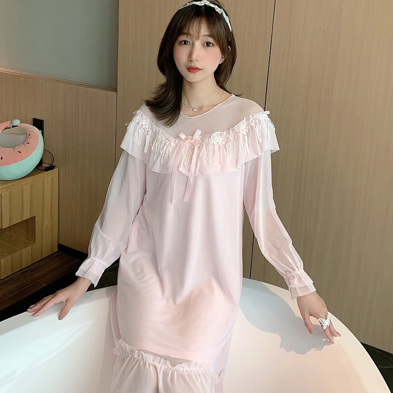 Spring 2021 New Nightdress Women's Thin Cotton Nightgown Lace  Nightwear Long Sleeve Long Skirt Gauze Mesh Home Wear Sleepwear