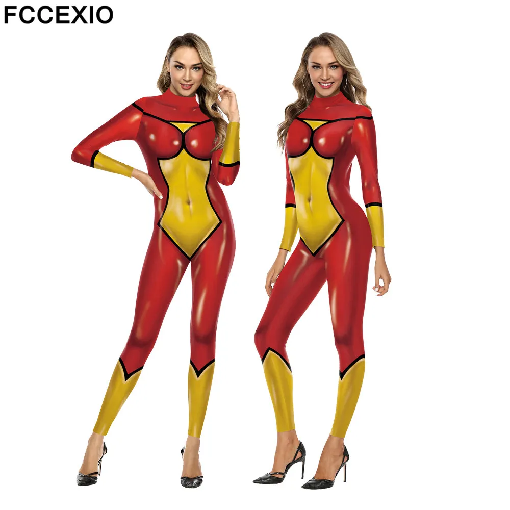 FCCEXIO Heroine Combat Printed Women Jumpsuit Carnival Fancy Party Cosplay Costume Bodysuit Adults Fitness Onesie Outfits |