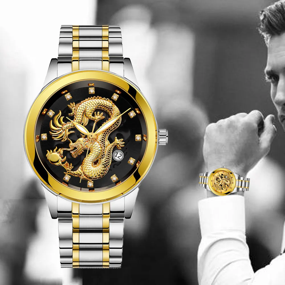 

Watches Waterproof Mens Gold Dragon Sculpture Quartz Watch Luxury Men Steel Wristwatch Free Shipping