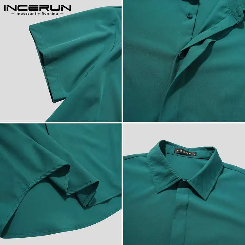 

INCERUN Men Shirt Brand Turn Down Collar 2021 Short Sleeve Blouse Streetwear Button Casual Tops Fashion Solid Color Camisa S-5XL