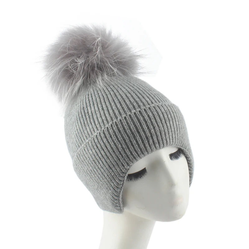 

Зимняя вязаная шапка с защитой ушей, реальный енот, женская модная шерстяная шапка с ушами