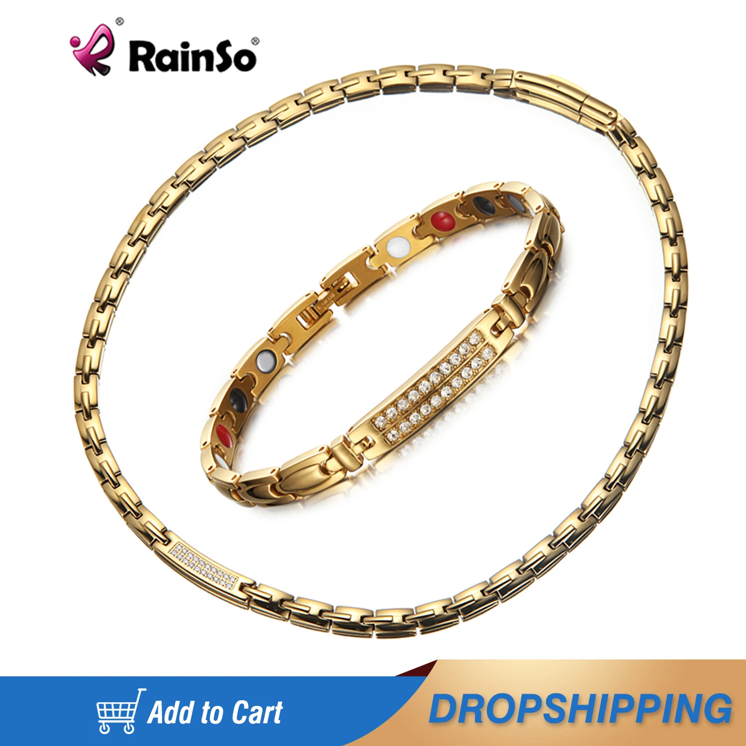 

Rainso Magnetic Therapy Gold Jewelry Set Middle East Hematite Power Necklaces Healing Bracelets Healthy Jewerly For Unisex Lady