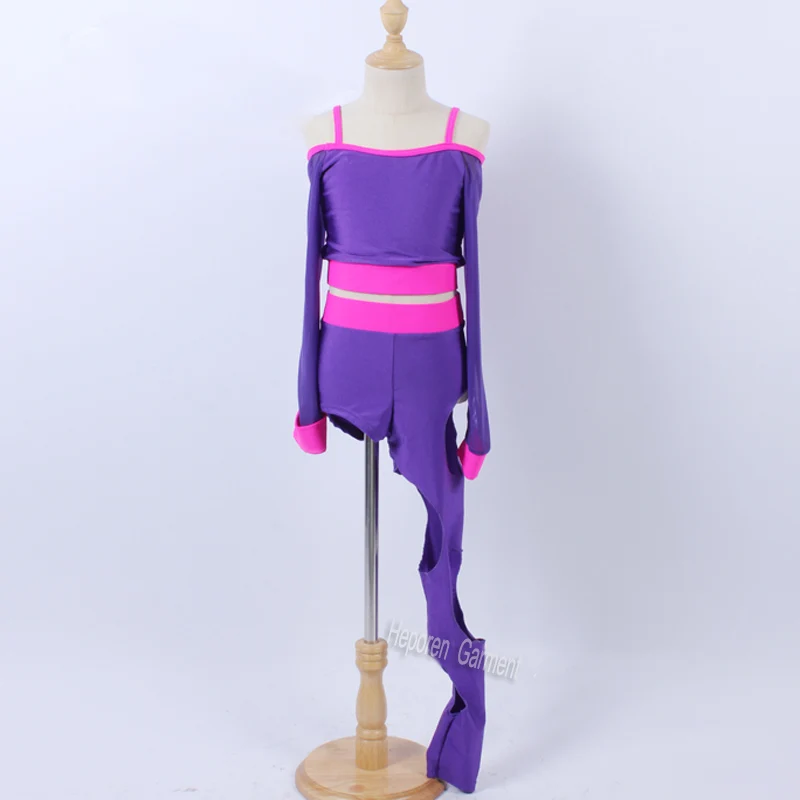 Новый комбинезон полного рукава с подтяжками для девочек с персонализацией фиолетового цвета с вырезами под джазовый танец, костюм для выступления на сцене.