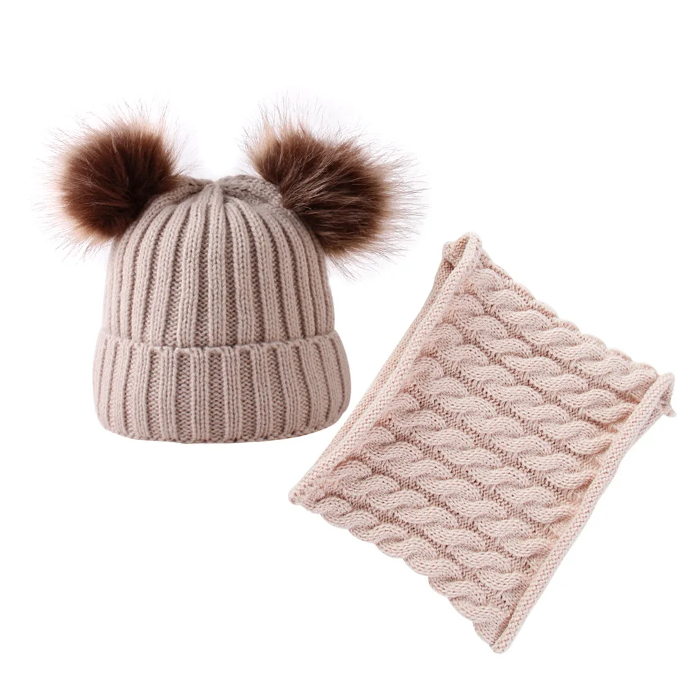 2021 Baby Hats Scarf Knitted Warm Fur Pompom Round Machine Cap Protects Ear Bonnet Winter Caps 2 Pcs/Set | Аксессуары для одежды