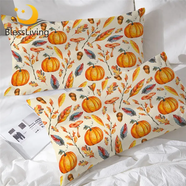 BlessLiving Pumpkin Pillowcase Pine Cones Sleeping Pillow Case Golden Leaves Bedding Pillowcase Cover Autumn Funda Almohada 2pcs 1