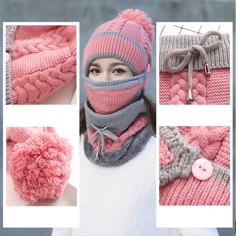 

Women's Winter Hat Mask Bib 3 Piece Set Velvet Thick Knitted Hat Warm Ear Protection Mixed Color Woolen Hat for Women Caps