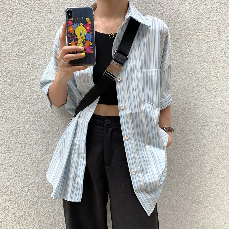 Рубашка женская в синюю полоску повседневная простая тонкая блуза с коротким