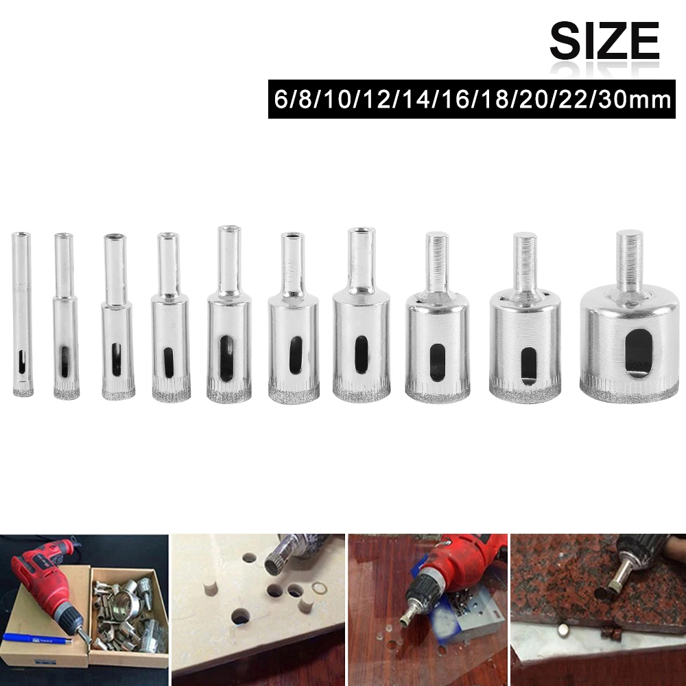 Набор буров с алмазным покрытием 10 шт. для сверления отверстий в плитке, мраморе, стекле и керамике с диаметром от 6 мм до 30 мм для электроинструмента.