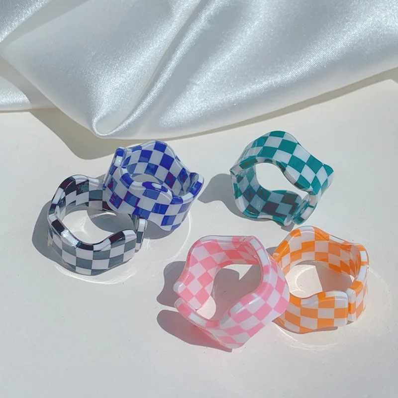 

Женские винтажные кольца в клетку, Простые разноцветные Открытые Кольца из смолы в Корейском стиле, ювелирные изделия в стиле Instagram, 2021