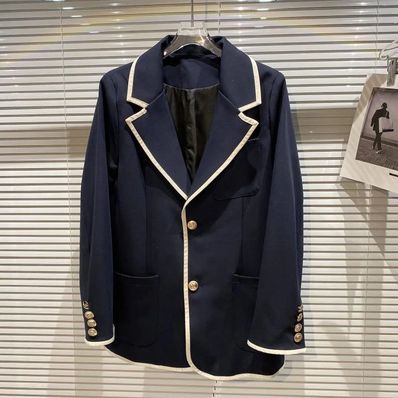 

College Style Gold Button Blue Blazer Women 2021 Autumn New White Stripe Long Sleeve Jacket Suit
