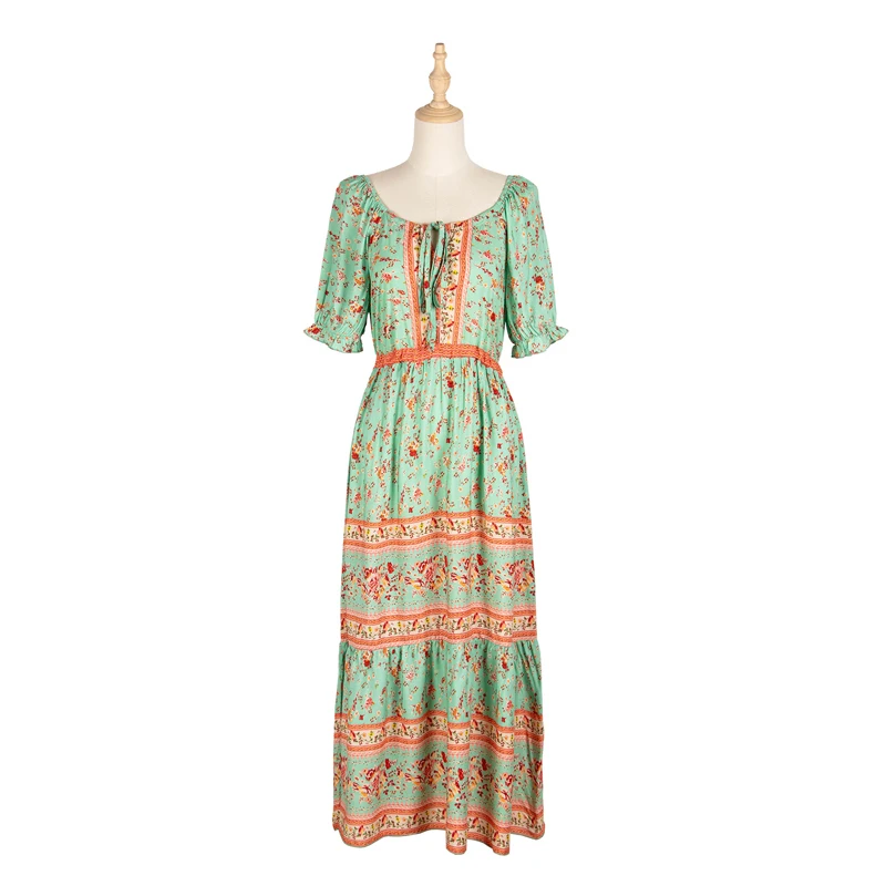 2021 Summer Dress New Round Collar Boho Print Dress Women Casual Princess Sleeve High Waist Dresses for Woman Greeen Vestidos images - 6