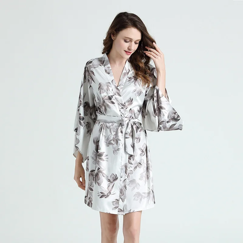 

Floral Printed New Robe Sexy Women Kimono Gown Summer Nightwear Short Bathrobe V-neck Sexy Sleepwear Loose Intimate Nightdress