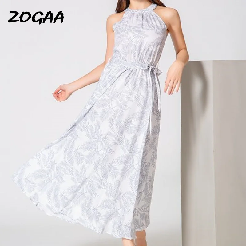 Женское платье с листьями пальмы ZOGAA белое саржевое в стиле бохо ремни богемном