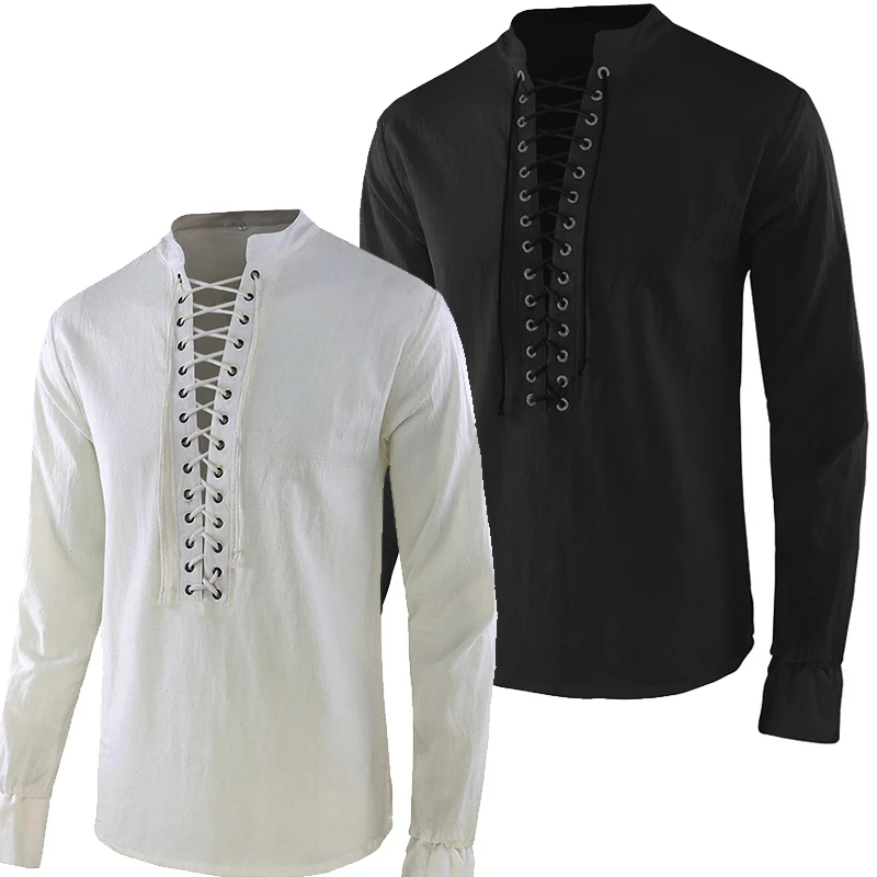 

Medieval Men Knight Noble T-Shirt Carnival Viking Pirate Cosplay Tee Tops Retro Casual Blouse Lace Up Long Sleeve Costume Shirts