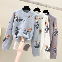 winter flower embroidery sweaters women wool o neck warm knitted pullovers thick long sleeve loose jumper female white blue