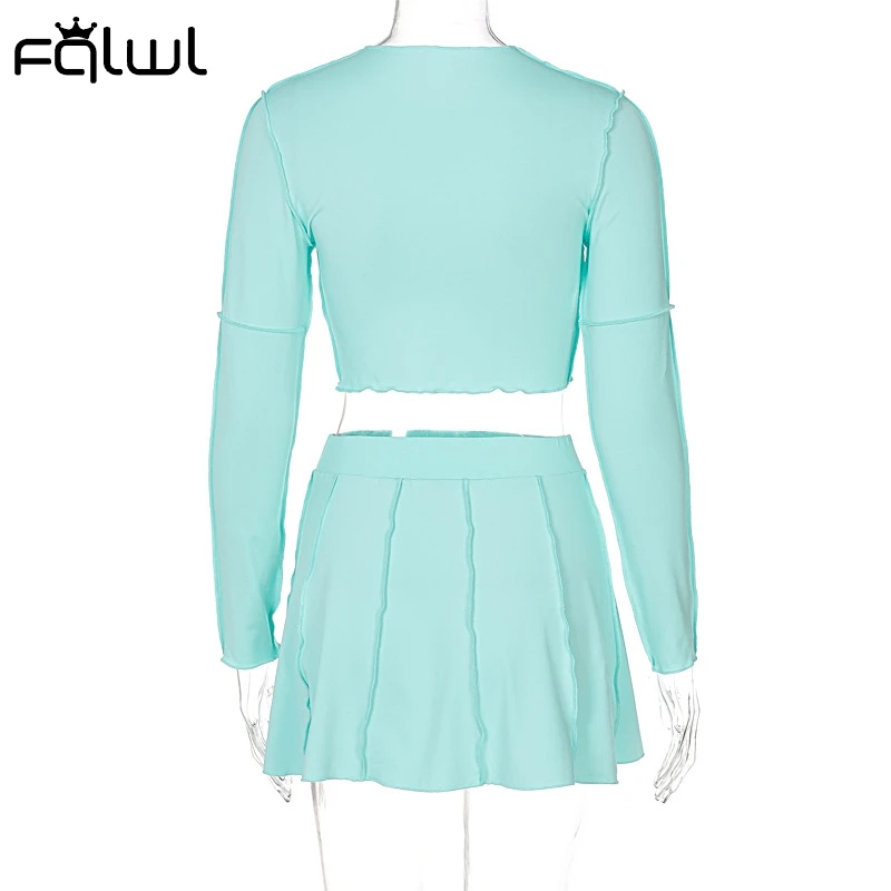 

FQLWL Summer Sexy Solid 2 Two Piece Sets Women Skirts 2021 Long Sleeve Crop Top Ruffles Mini Skirt Suits Bodycon Matching Sets