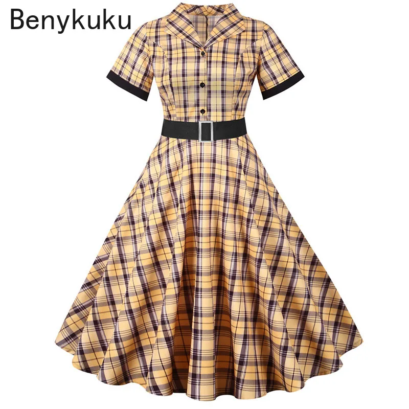 

Notched Collar Plaid Print 50s Vintage Dress With Belt 2021 Summer Women Casual Slim Party Dress Elegant Short Sleeve Robe Femme