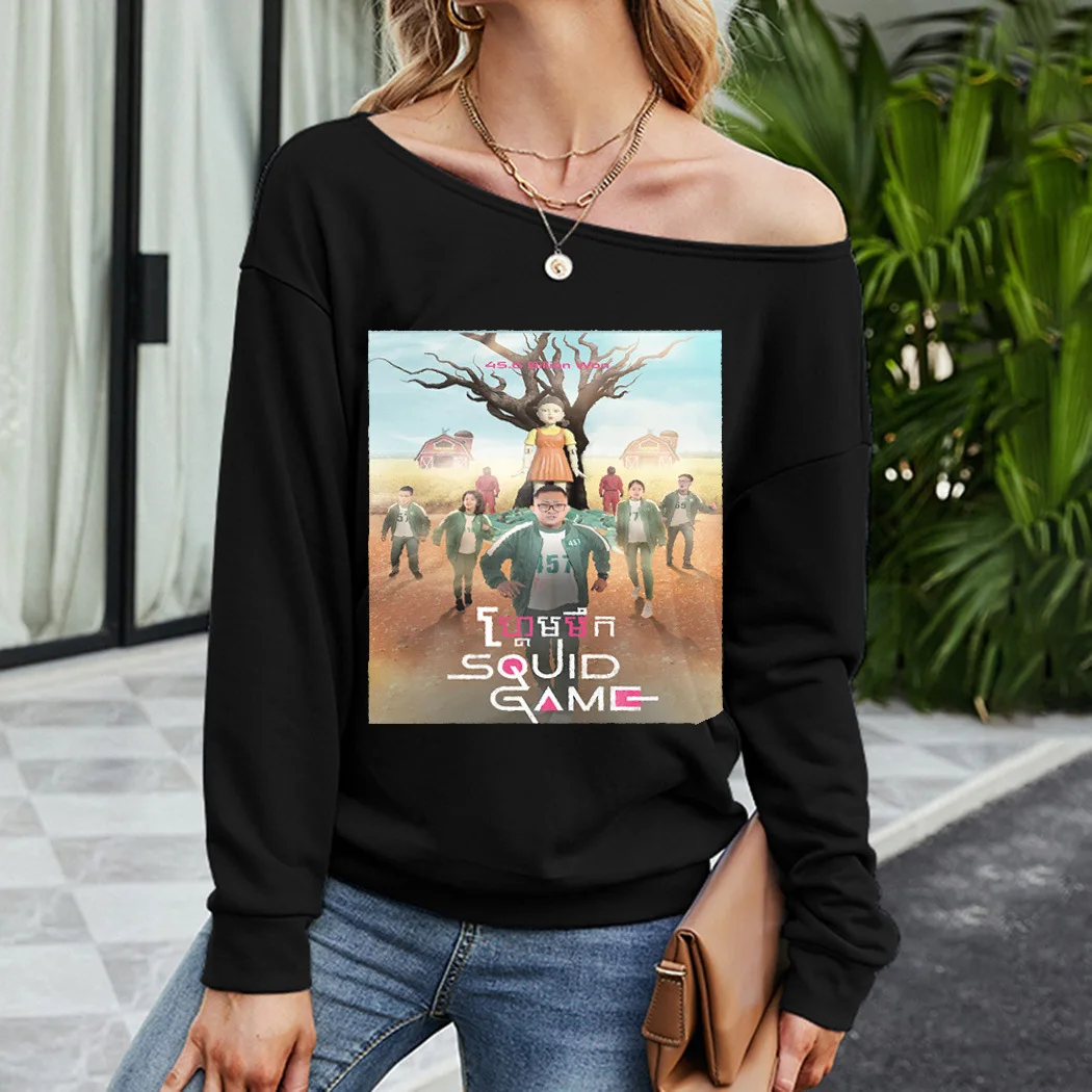 

Autumn Women Slant Shoulder Anime Pattern Print Casual Long Sleeve Hoodie Girls Sport Skew Collar Loose Pullover Tops