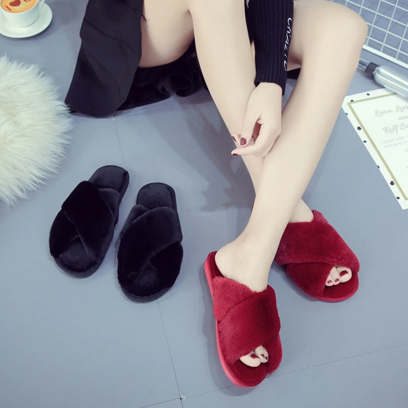 

Women Winter Slippers Mop Indoor Plush Flat Cross-wool Floor Mop Open-toe Warm Cotton Women Shoes Soft Bottom Anti-Slip 2022 New