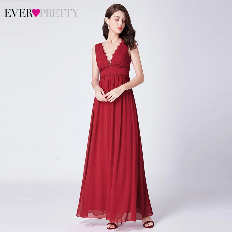 Robe De Soiree винтажные красные вечерние платья Ever Pretty A-Line с v-образным вырезом без рукавов с рюшами элегантные шифоновые вечерние платья