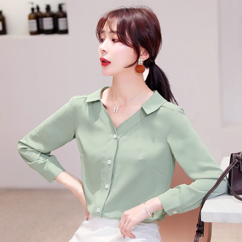 Green Apricot Long Sleeve Chiffon Women Shirts Autumn Spring Elegant Korean Casual Office Lady Blouse Female Tops Fall Plus Size