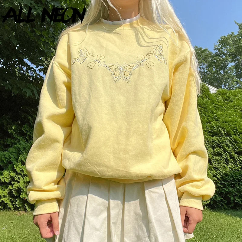 

ALLNeon Kawaii Y2K Aesthetics Rhinestone Butterfly Print Yellow Pullovers 2000s Vintage Crew Neck Long Sleeve Oversize Tops Cute
