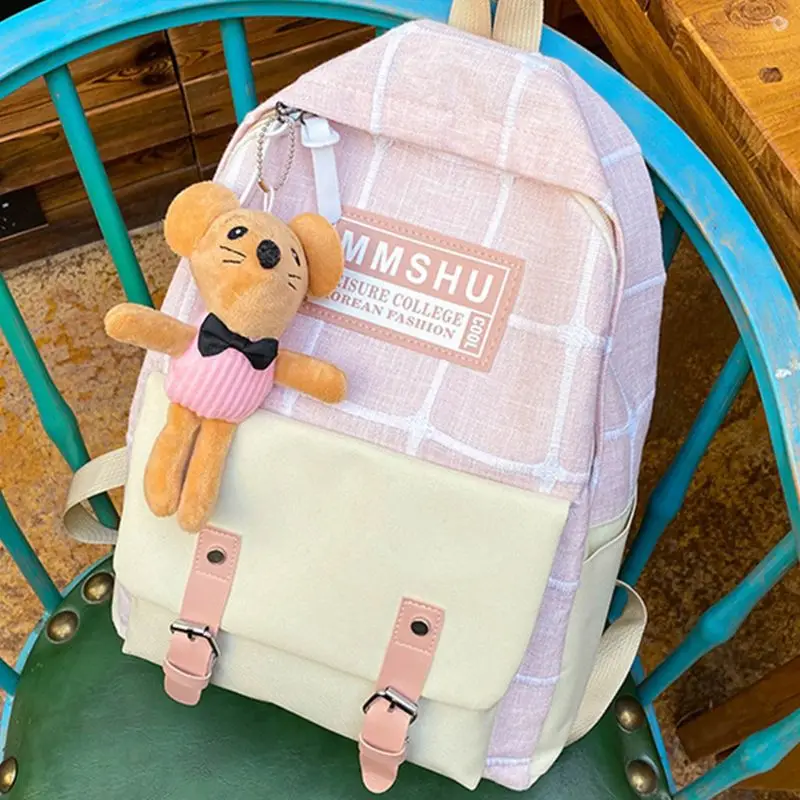 

4pcs Canvas Daypacks Casual School Backpack Shoulder Bags Bookbag Pencil Case Set for Teenagers Girls Student