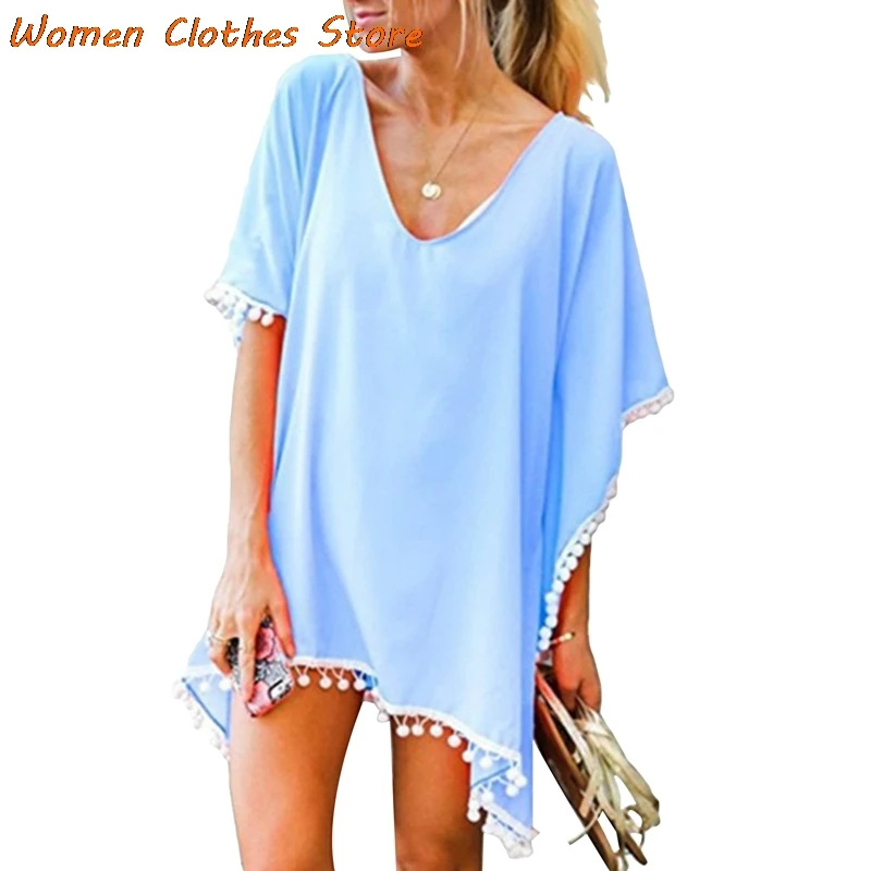 

Mini Beach Dress Skirt Women's Summer Solid Color Chiffon Back Fringed Sand Dresses Women's Beach Wear Loose Swimsuit Blouse